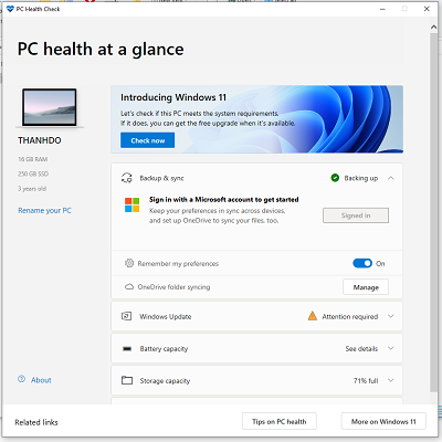 Giao diện của Windows PC Health Check